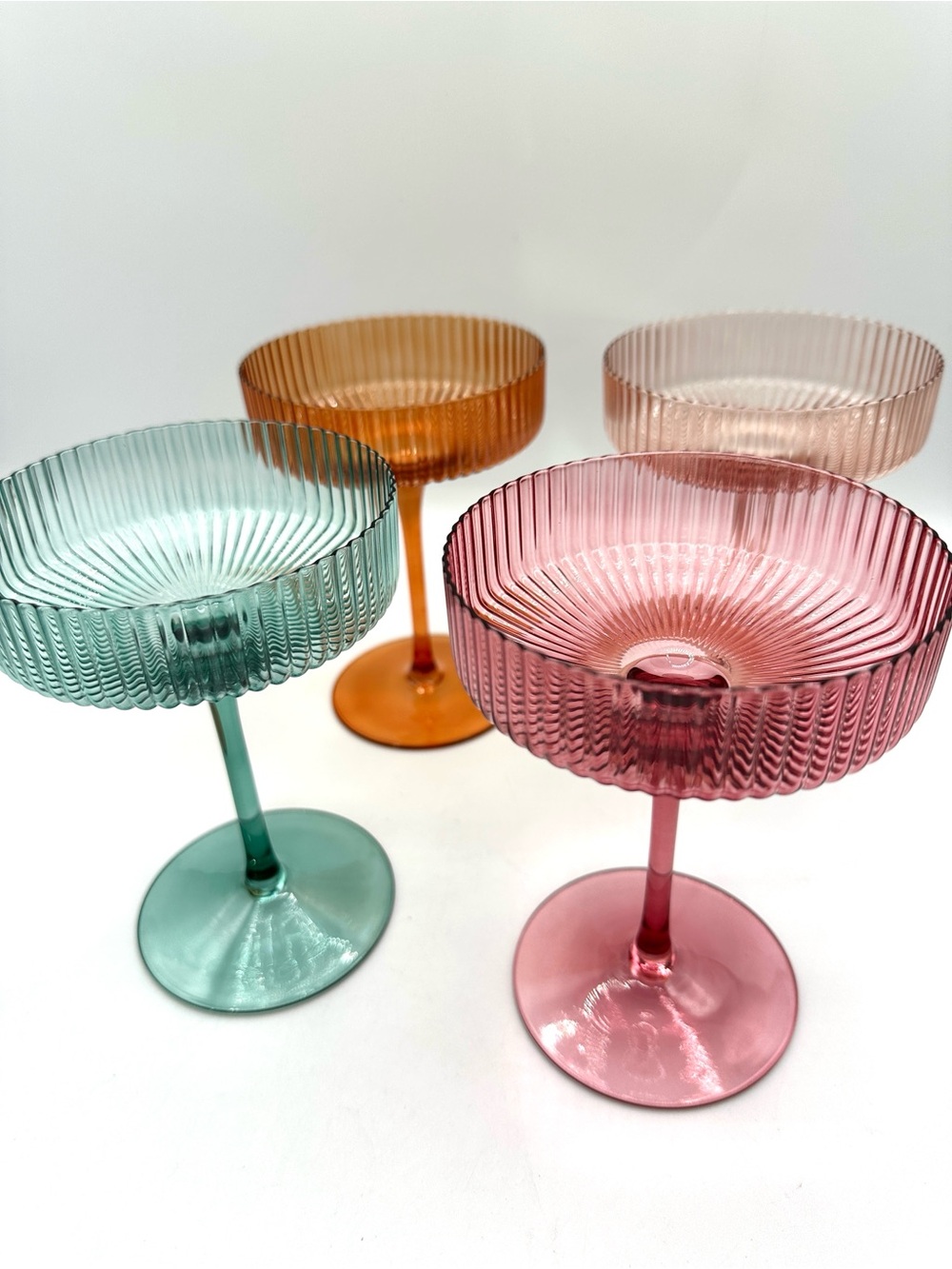 4 Multi Colored Stemmed Ribbed Coupe Glasses